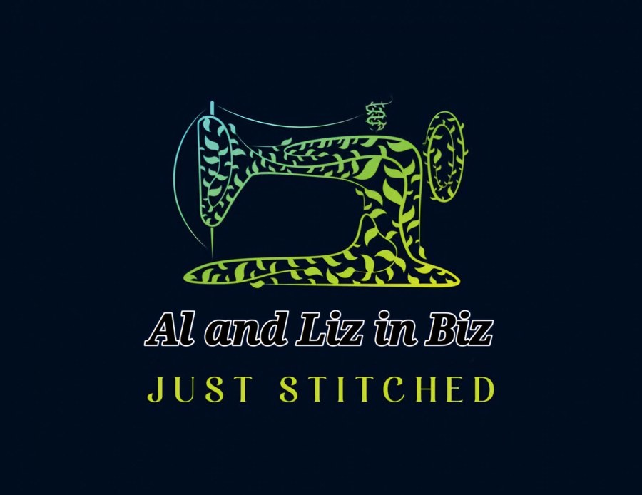 Al and Liz in Biz — Just Stitched logo with a leafy sewing machine